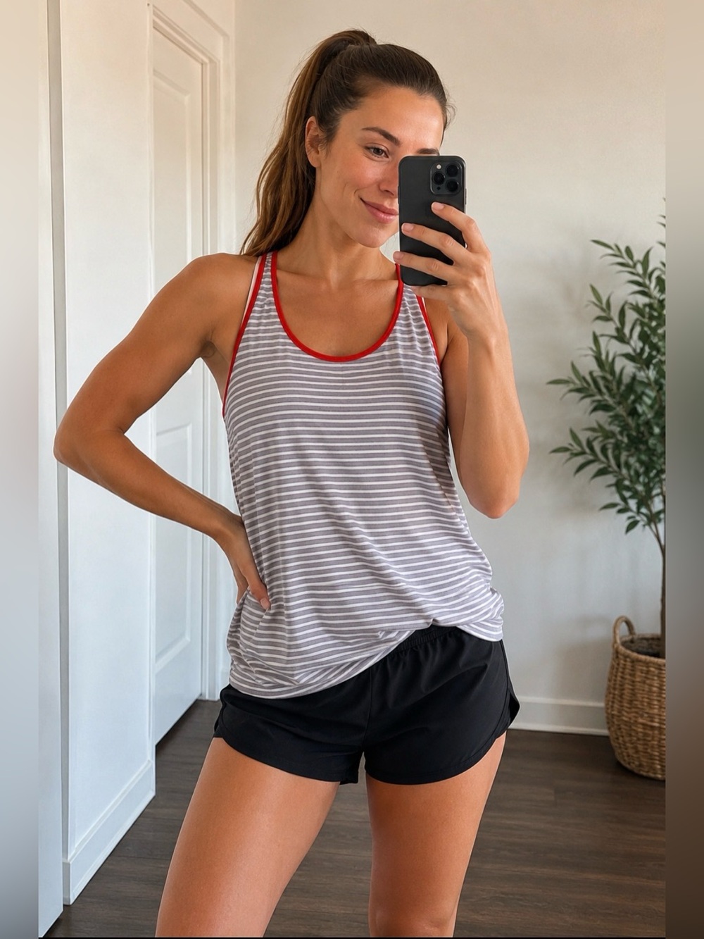 Lululemon Striped Gray & White Tank with Red Trim